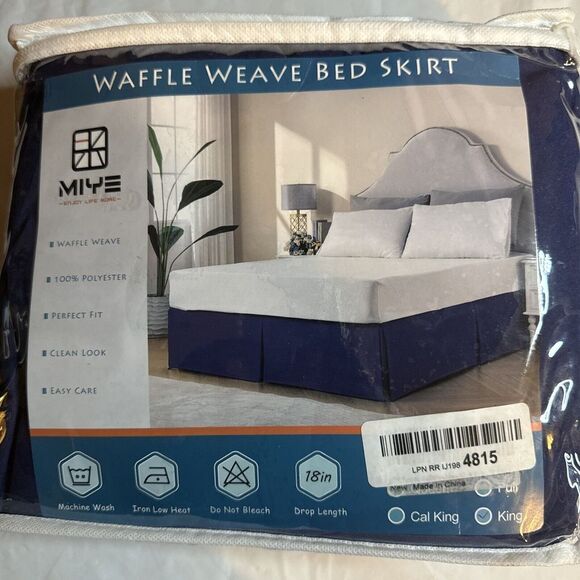 Waffle weave bedskirt MIYE 18 inch drop length King Navy Blue Machine Wash - Picture 1 of 3